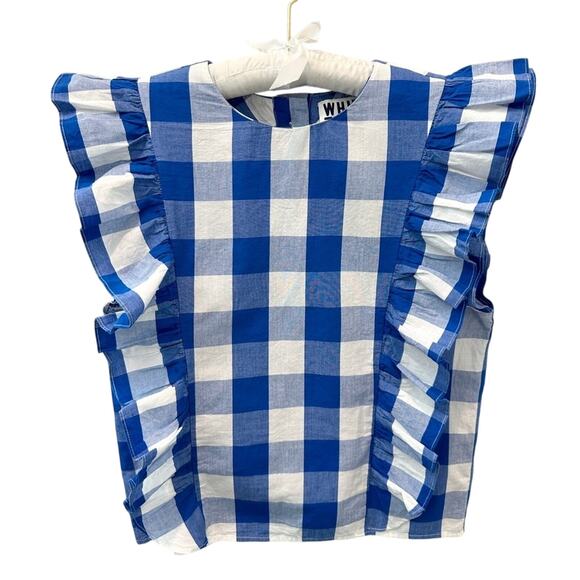 ANTHROPOLOGIE WHIT TWO | Blue Gingham Ruffle Sleeve Button Back Blouse Top | XS - Picture 1 of 8